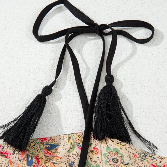 B263 Apricot Floral Print Spaghetti Straps Ruffled Peplum Tank Top - Picture 12 of 13